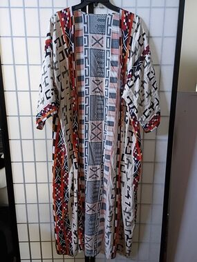 Bohemian Geometric Print Long Kimono in White & Rust